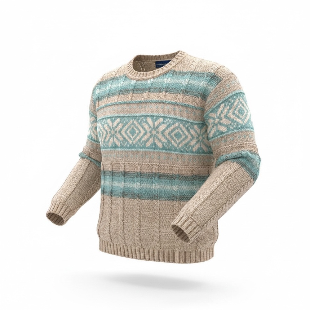 Liz Claiborne LizSport Fair Isle Knit Sweater Teal Beige Medium